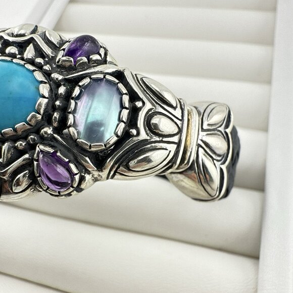 Carolyn Pollack Bracelet Cuff Turquoise Amethyst Pearl Leather Sterling Silver - Picture 4 of 15